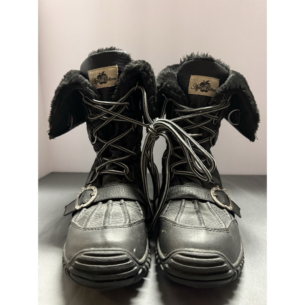 VIN Apple Bottoms Women's Black Faux Fur Winter Boots Size 8 Rhinestone Buckle